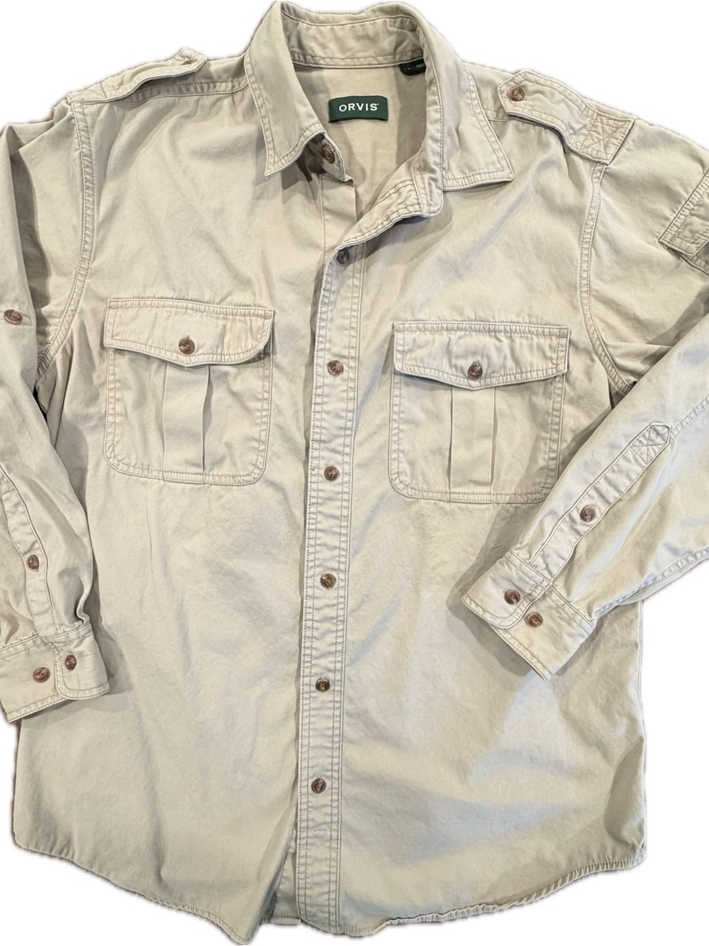 Orvis Men's medium Bush button down safari Shirt khaki
